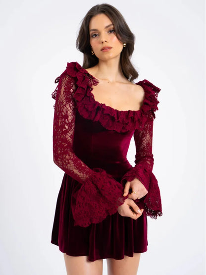 JULISSA MO Vestido mini de encaje con mangas acampanadas y retazos para mujer, vestido sexy transparente de cintura alta, vestido femenino de invierno, nuevo y elegante atuendo de fiesta