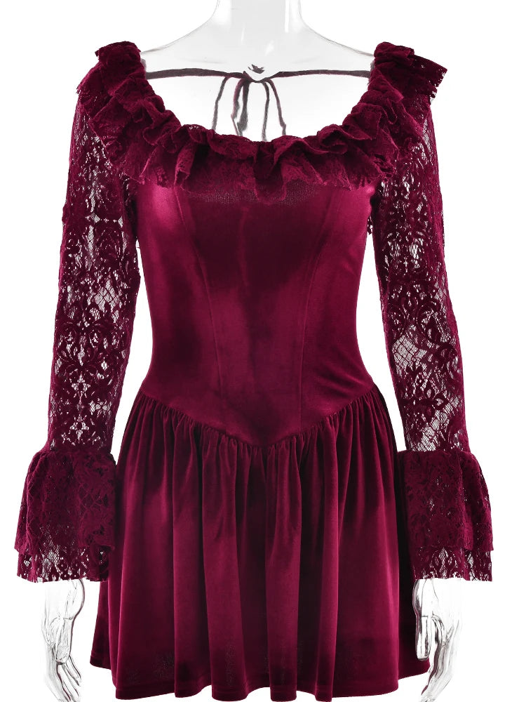 JULISSA MO Vestido mini de encaje con mangas acampanadas y retazos para mujer, vestido sexy transparente de cintura alta, vestido femenino de invierno, nuevo y elegante atuendo de fiesta