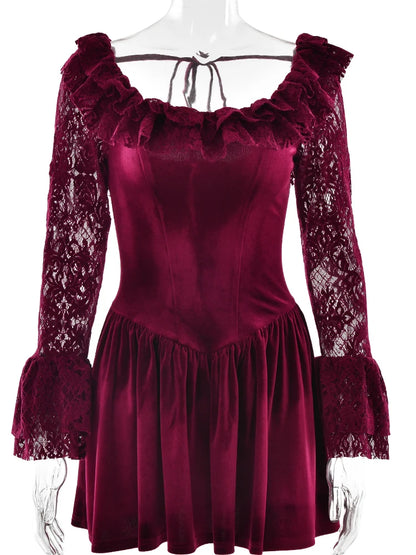 JULISSA MO Vestido mini de encaje con mangas acampanadas y retazos para mujer, vestido sexy transparente de cintura alta, vestido femenino de invierno, nuevo y elegante atuendo de fiesta