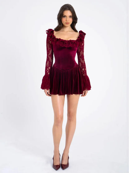 JULISSA MO Vestido mini de encaje con mangas acampanadas y retazos para mujer, vestido sexy transparente de cintura alta, vestido femenino de invierno, nuevo y elegante atuendo de fiesta