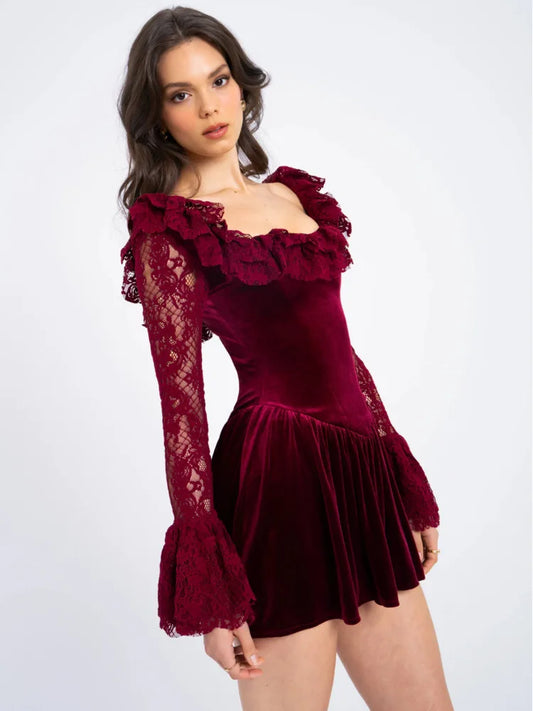 JULISSA MO Vestido mini de encaje con mangas acampanadas y retazos para mujer, vestido sexy transparente de cintura alta, vestido femenino de invierno, nuevo y elegante atuendo de fiesta