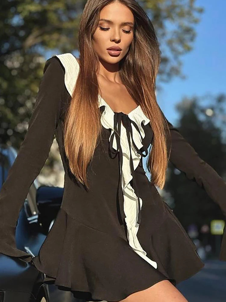 JULISSA MO Patchwork Sexy Cuello en V profundo Volantes Vestido de mujer Negro Manga larga Con cordones Vestido femenino Otoño Slim Elegante Ropa de calle