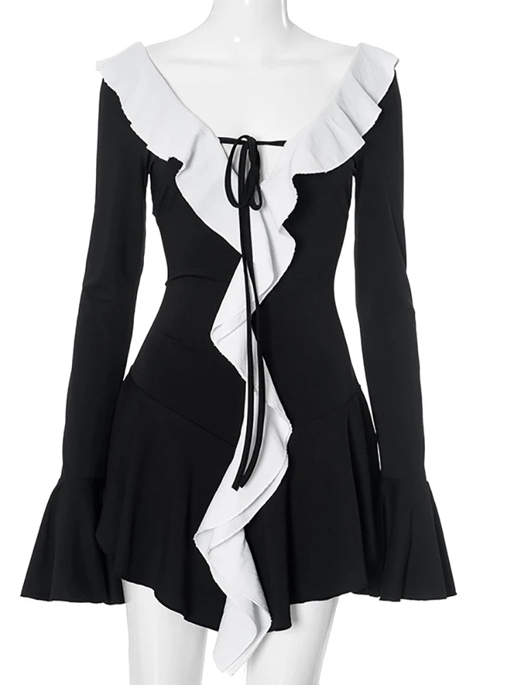 JULISSA MO Patchwork Sexy Cuello en V profundo Volantes Vestido de mujer Negro Manga larga Con cordones Vestido femenino Otoño Slim Elegante Ropa de calle