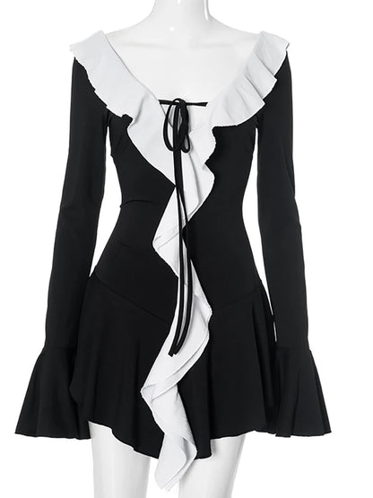 JULISSA MO Patchwork Sexy Cuello en V profundo Volantes Vestido de mujer Negro Manga larga Con cordones Vestido femenino Otoño Slim Elegante Ropa de calle