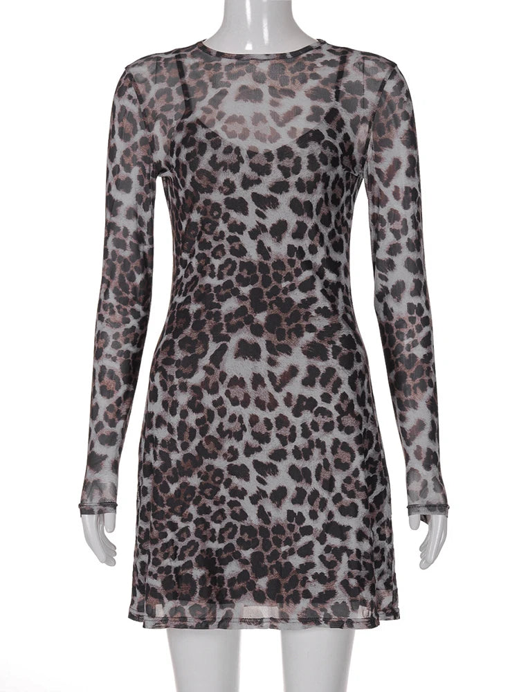 JULISSA MO Conjunto de dos piezas con estampado de leopardo para mujer, vestido sexy transparente de manga larga, vestido femenino de otoño ajustado y elegante para fiesta y club.