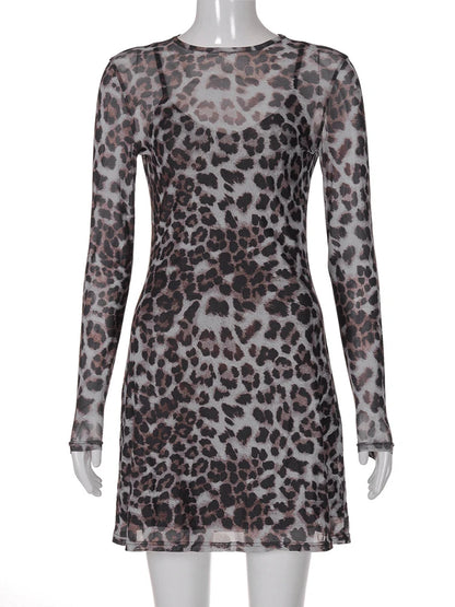 JULISSA MO Conjunto de dos piezas con estampado de leopardo para mujer, vestido sexy transparente de manga larga, vestido femenino de otoño ajustado y elegante para fiesta y club.