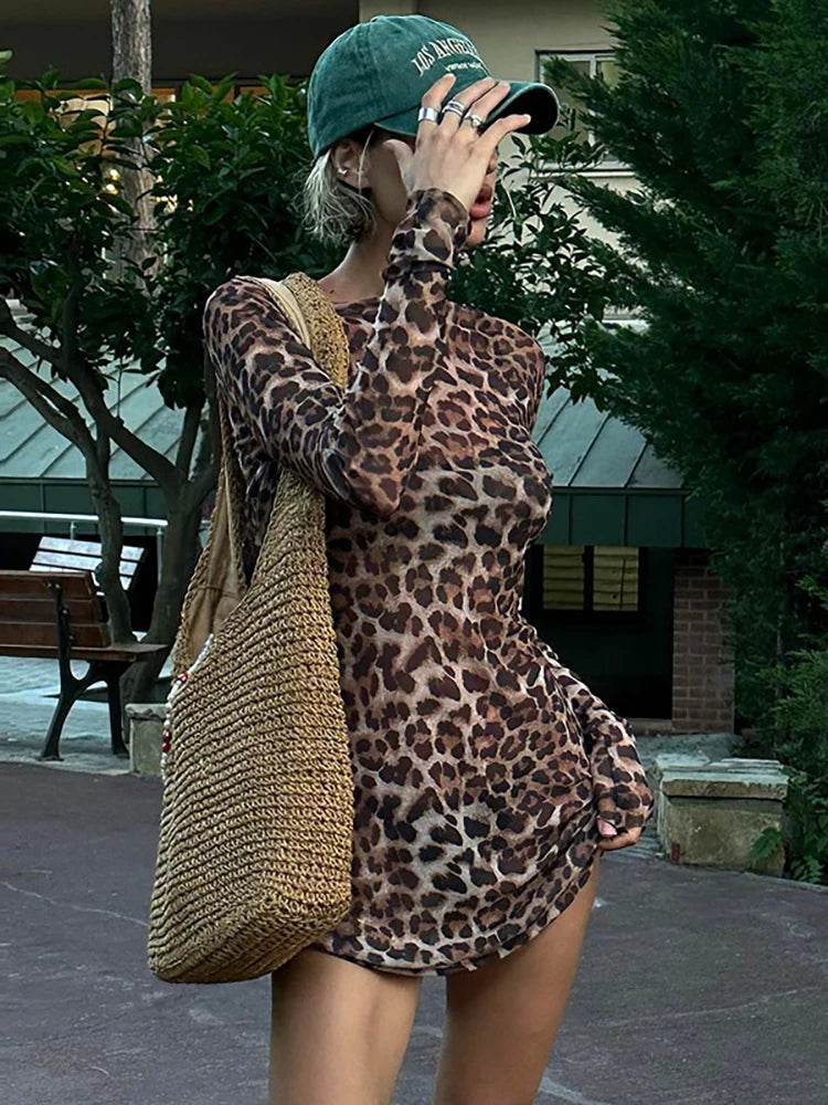 JULISSA MO Conjunto de dos piezas con estampado de leopardo para mujer, vestido sexy transparente de manga larga, vestido femenino de otoño ajustado y elegante para fiesta y club.
