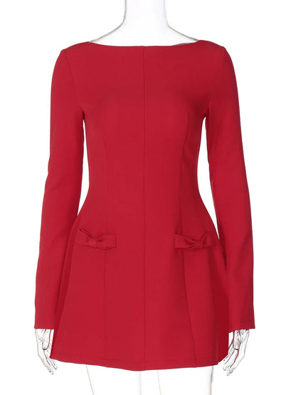 JULISSA MO Round Neck A-line Bow Women Dress Red Long Sleeve High Waist Dress Female Autumn Winter Slim Elegant Streetwear 2025