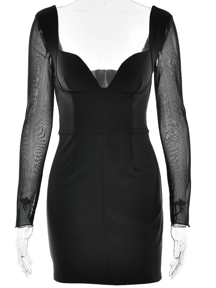 JULISSA MO - Vestido negro sexy con escote en V profundo y cremallera para mujer, sin espalda, de manga larga, ajustado, elegante, para fiesta y club, para invierno, 2025