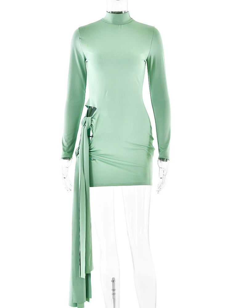 JULISSA MO Sexy Hollow Out Bandage Women Dress Long Sleeve Turtleneck Elastic Tight Dress Female Autumn Elegant Club Party Dress