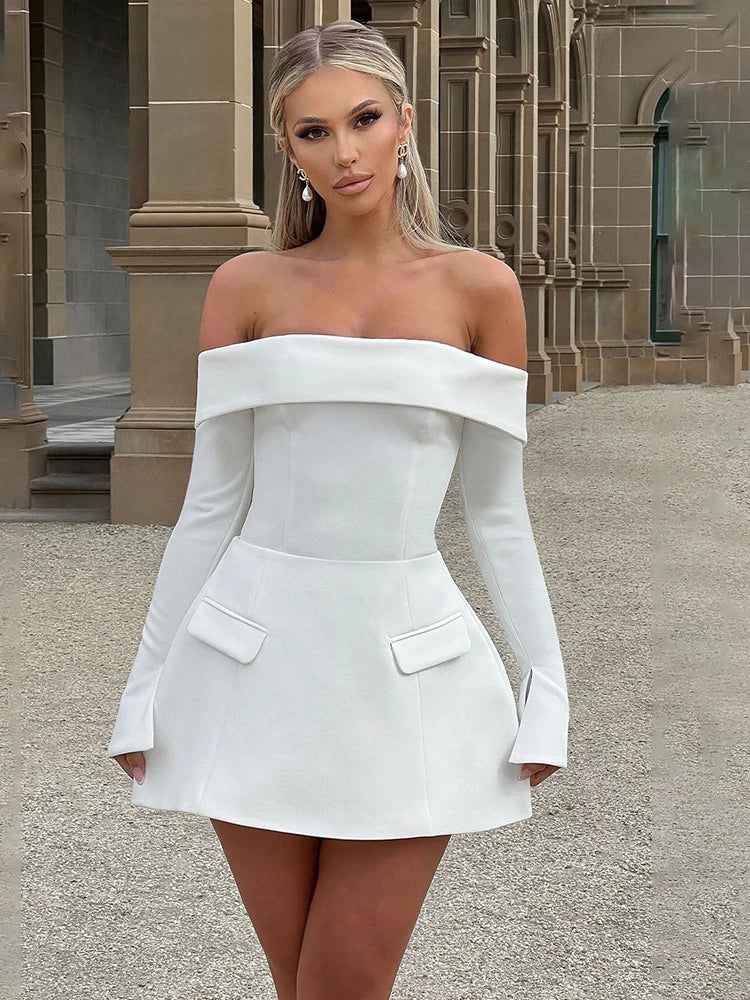JULISSA MO Sexy Off Shoulder A-line Women Dress Black Backless High Waist Dress Female Autumn Skinny Elegant Party Clubwear 2025