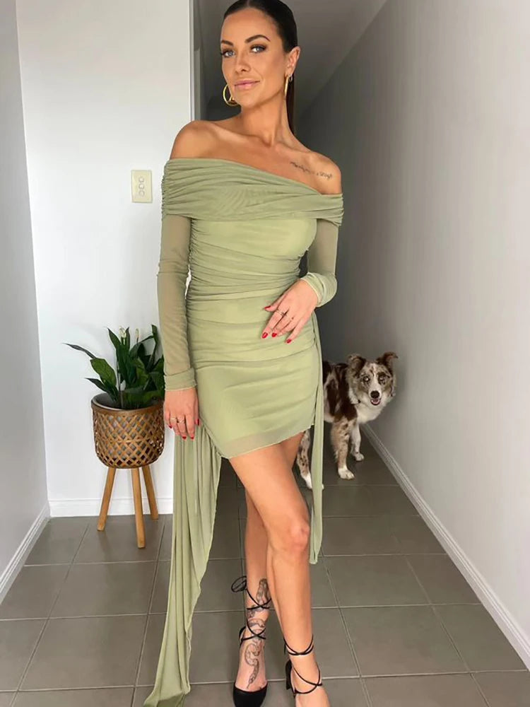 JULISSA MO Vestido Bandage con hombros descubiertos para mujer, vestido fruncido de manga larga y cintura alta, vestido ajustado elegante de verano para mujer, ropa de club