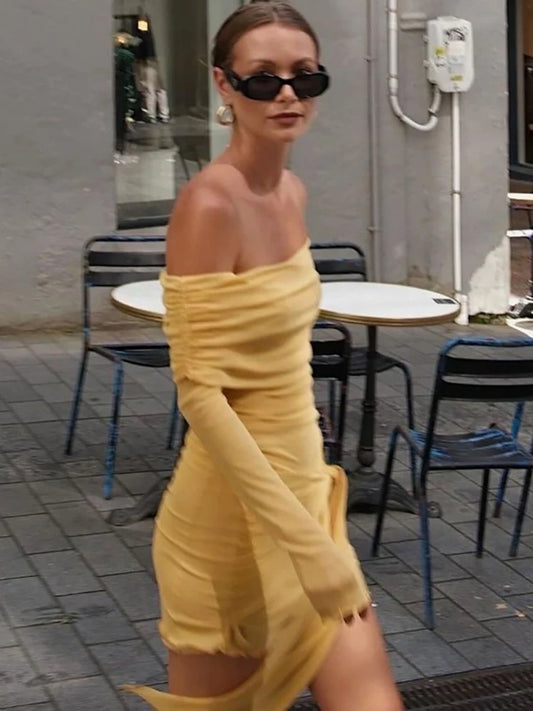 JULISSA MO Sexy Off Shoulder Bandage Women Dress Long Sleeve High Waist Ruched Dress Female Summer Skinny Elegant Prty Clubwear