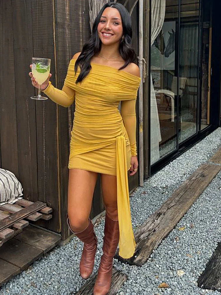 JULISSA MO Vestido Bandage con hombros descubiertos para mujer, vestido fruncido de manga larga y cintura alta, vestido ajustado elegante de verano para mujer, ropa de club