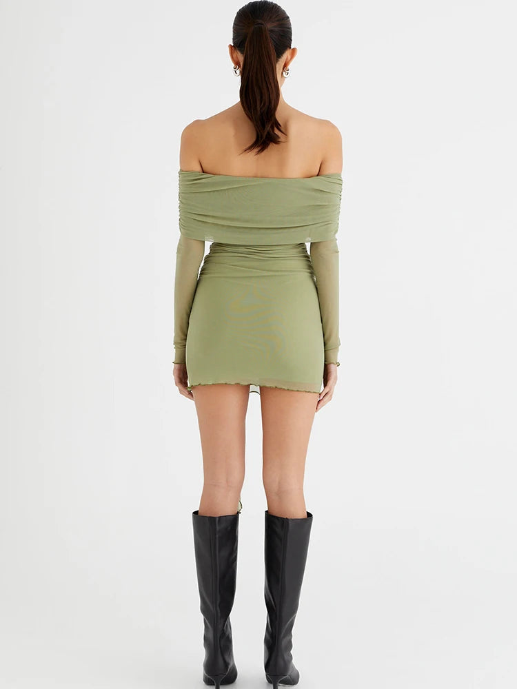 JULISSA MO Vestido Bandage con hombros descubiertos para mujer, vestido fruncido de manga larga y cintura alta, vestido ajustado elegante de verano para mujer, ropa de club