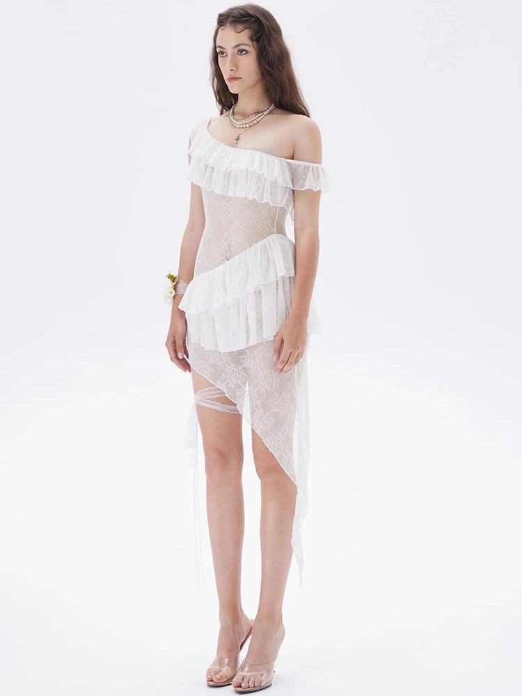 JULISSA MO Vestido de noche blanco con volantes y encaje transparente para mujer, vestido de noche ajustado y elegante para verano, ropa de playa 2025