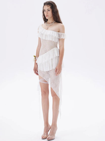 JULISSA MO Vestido de noche blanco con volantes y encaje transparente para mujer, vestido de noche ajustado y elegante para verano, ropa de playa 2025