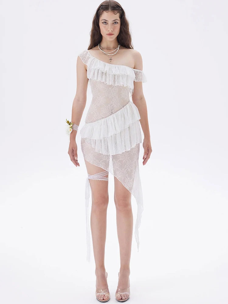 JULISSA MO Vestido de noche blanco con volantes y encaje transparente para mujer, vestido de noche ajustado y elegante para verano, ropa de playa 2025