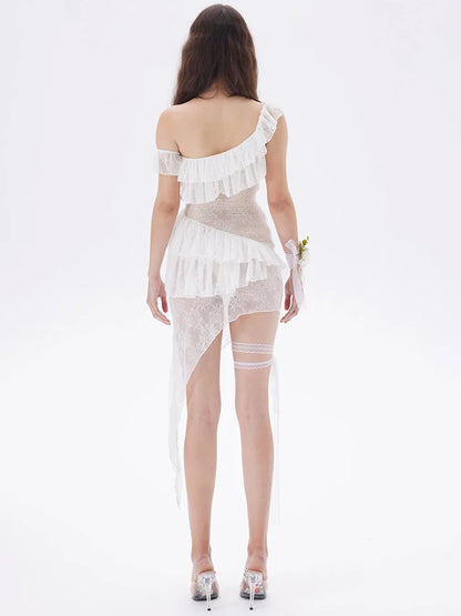 JULISSA MO Vestido de noche blanco con volantes y encaje transparente para mujer, vestido de noche ajustado y elegante para verano, ropa de playa 2025