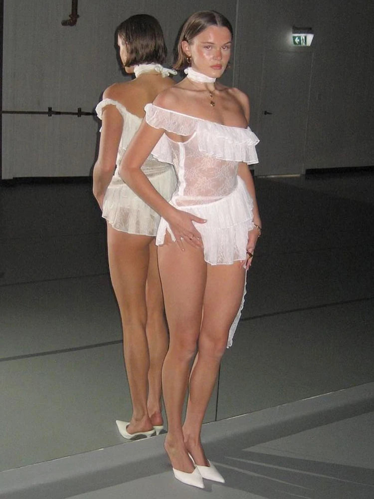 JULISSA MO Vestido de noche blanco con volantes y encaje transparente para mujer, vestido de noche ajustado y elegante para verano, ropa de playa 2025