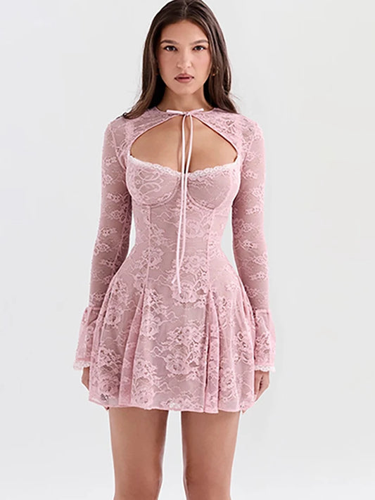 JULISSA MO Sexy See Through Lace Women Dress Pink Flare Sleeve Print Floral Dress Female Autumn New Elegant Two Piece Sets 2025