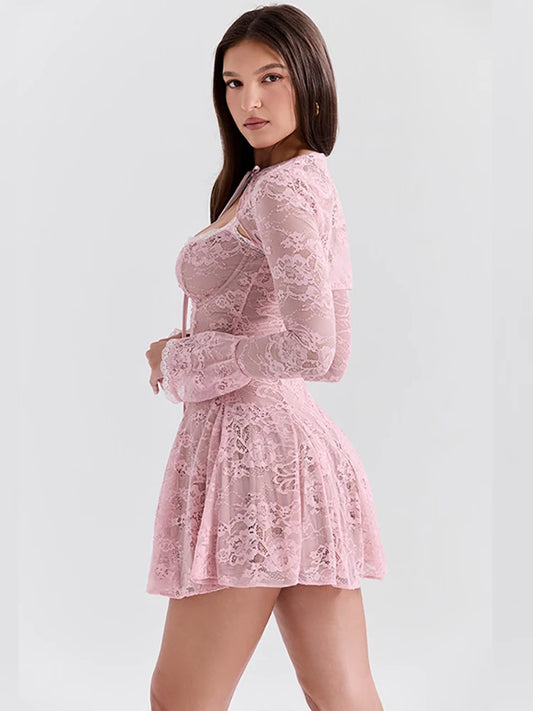 JULISSA MO Sexy See Through Lace Women Dress Pink Flare Sleeve Print Floral Dress Female Autumn New Elegant Two Piece Sets 2025