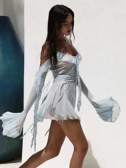 JULISSA MO Sexy See Through Mesh Women Dress Black Long Sleeve Spaghetti Strap Dress Female Summer Skinny Elegant Beachwear 2025