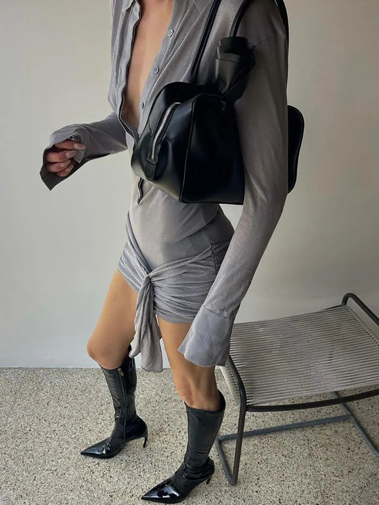 JULISSA MO Vestido de mujer con cuello vuelto, fruncido y manga larga, botonadura sencilla, elegante, para fiesta y vacaciones de otoño