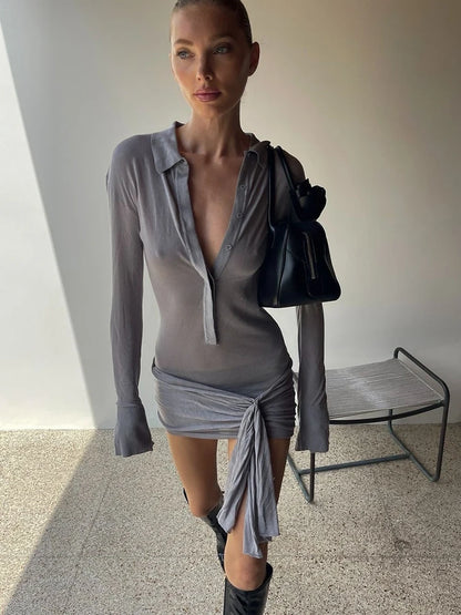 JULISSA MO Vestido de mujer con cuello vuelto, fruncido y manga larga, botonadura sencilla, elegante, para fiesta y vacaciones de otoño