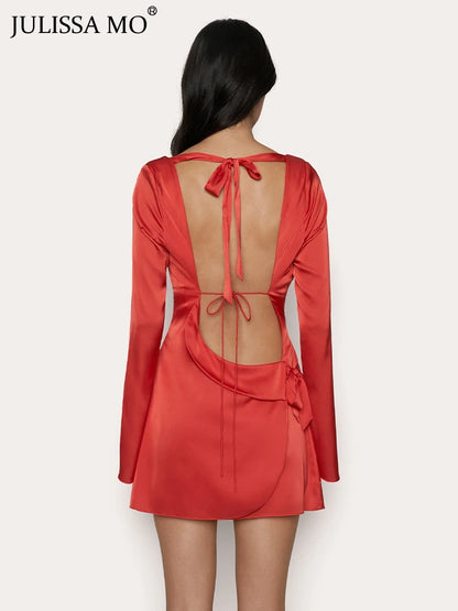 JULISSAMO 2025 New Backless Bandage Irregular Satin Sexy Mini Dress For Women Party Clubwear Long Sleeve Solid Dresses