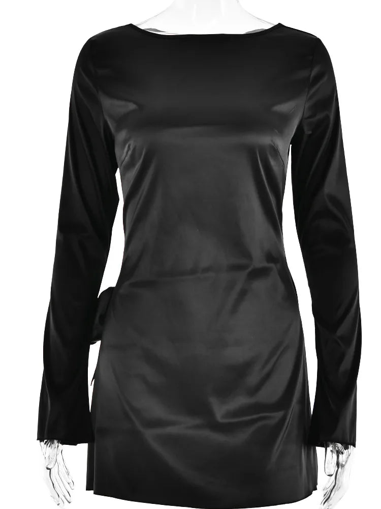 JULISSAMO 2025 New Backless Bandage Irregular Satin Sexy Mini Dress For Women Party Clubwear Long Sleeve Solid Dresses