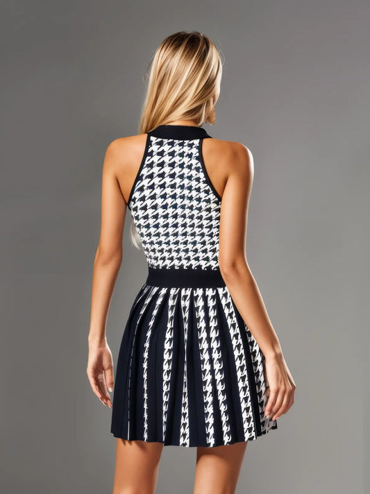 Julien Houndstooth Dress with Gold Buttons