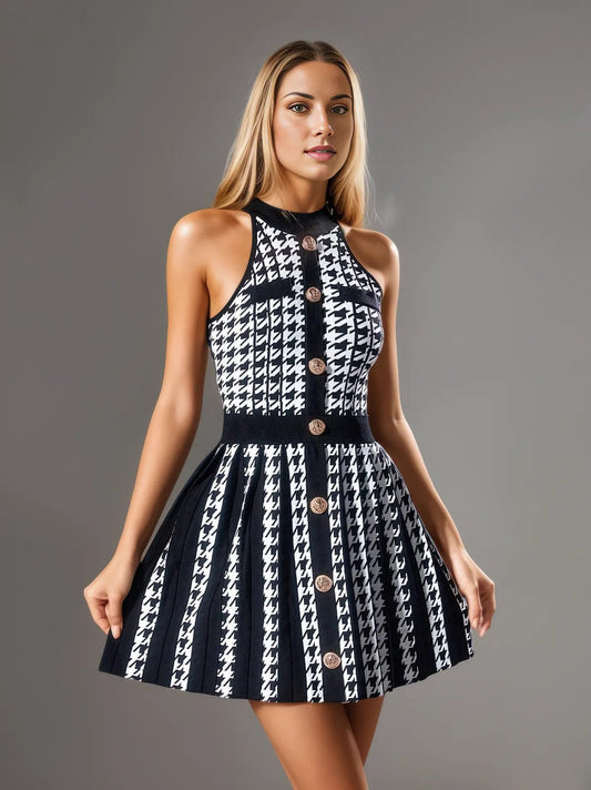 Julien Houndstooth Dress with Gold Buttons