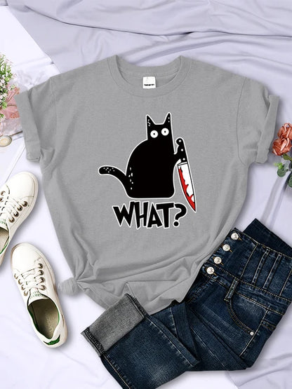 Camisetas de manga corta transpirables con estampado de gato negro y cuchillo de cocina, ropa de verano moderna, estilo hip hop urbano.