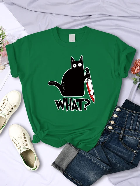 Camisetas de manga corta transpirables con estampado de gato negro y cuchillo de cocina, ropa de verano moderna, estilo hip hop urbano.