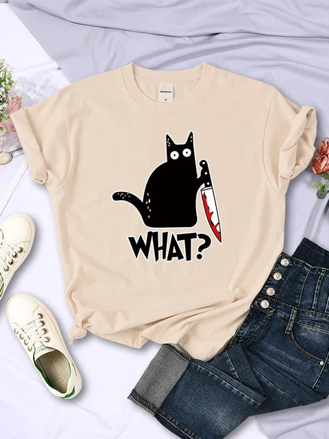 Camisetas de manga corta transpirables con estampado de gato negro y cuchillo de cocina, ropa de verano moderna, estilo hip hop urbano.