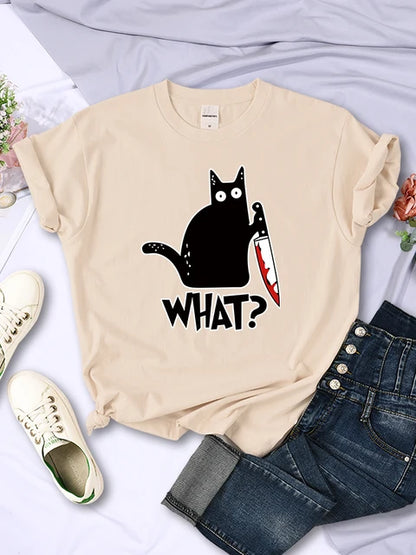 Camisetas de manga corta transpirables con estampado de gato negro y cuchillo de cocina, ropa de verano moderna, estilo hip hop urbano.