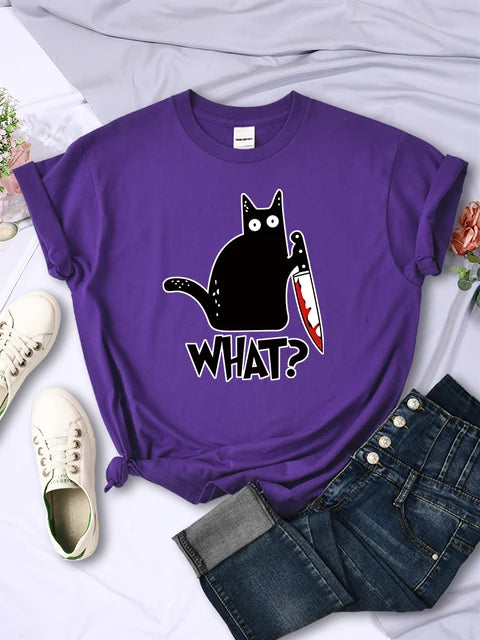 Camisetas de manga corta transpirables con estampado de gato negro y cuchillo de cocina, ropa de verano moderna, estilo hip hop urbano.