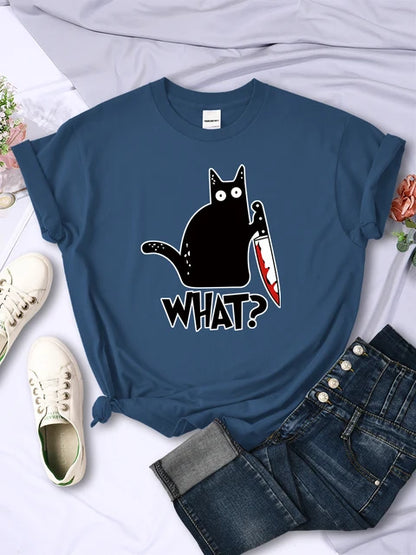 Camisetas de manga corta transpirables con estampado de gato negro y cuchillo de cocina, ropa de verano moderna, estilo hip hop urbano.