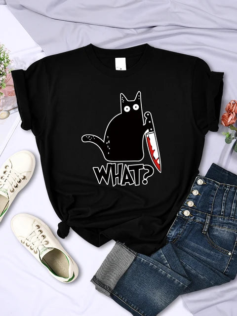 Camisetas de manga corta transpirables con estampado de gato negro y cuchillo de cocina, ropa de verano moderna, estilo hip hop urbano.