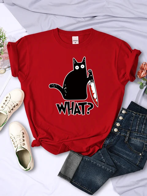 Camisetas de manga corta transpirables con estampado de gato negro y cuchillo de cocina, ropa de verano moderna, estilo hip hop urbano.