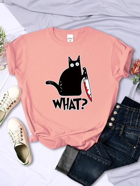 Camisetas de manga corta transpirables con estampado de gato negro y cuchillo de cocina, ropa de verano moderna, estilo hip hop urbano.