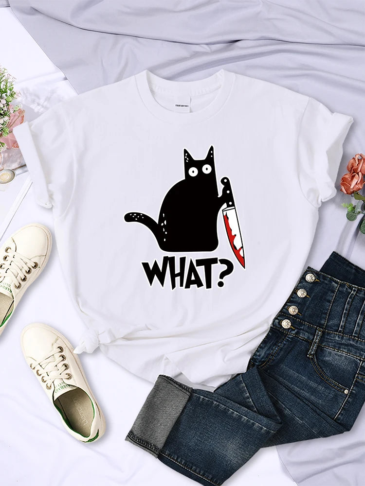 Camisetas de manga corta transpirables con estampado de gato negro y cuchillo de cocina, ropa de verano moderna, estilo hip hop urbano.