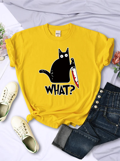 Camisetas de manga corta transpirables con estampado de gato negro y cuchillo de cocina, ropa de verano moderna, estilo hip hop urbano.