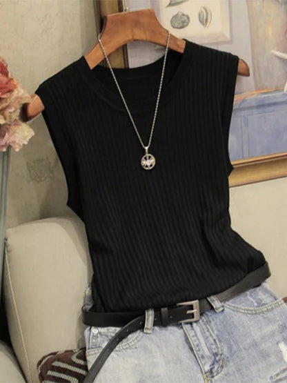 Chalecos de punto para mujer, top de cuello redondo liso, camiseta sin mangas informal fina a la moda para mujer, camiseta de punto de verano 2025 para mujer, chaleco para mujer