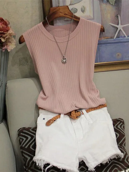 Chalecos de punto para mujer, top de cuello redondo liso, camiseta sin mangas informal fina a la moda para mujer, camiseta de punto de verano 2025 para mujer, chaleco para mujer