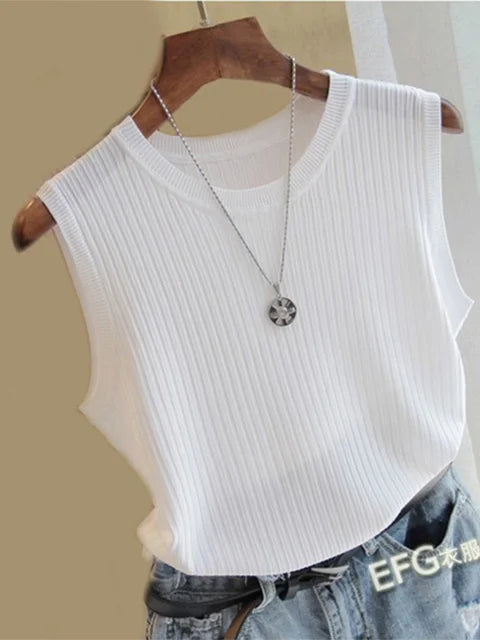 Chalecos de punto para mujer, top de cuello redondo liso, camiseta sin mangas informal fina a la moda para mujer, camiseta de punto de verano 2025 para mujer, chaleco para mujer