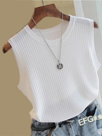 Chalecos de punto para mujer, top de cuello redondo liso, camiseta sin mangas informal fina a la moda para mujer, camiseta de punto de verano 2025 para mujer, chaleco para mujer