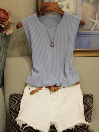 Chalecos de punto para mujer, top de cuello redondo liso, camiseta sin mangas informal fina a la moda para mujer, camiseta de punto de verano 2025 para mujer, chaleco para mujer