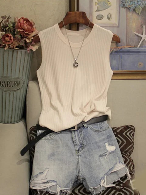 Chalecos de punto para mujer, top de cuello redondo liso, camiseta sin mangas informal fina a la moda para mujer, camiseta de punto de verano 2025 para mujer, chaleco para mujer